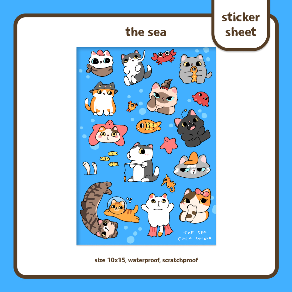 

the sea cat sticker sheet, stiker kucing waterproof scratchproof / cacaastudio