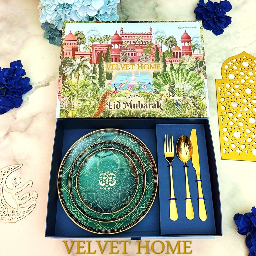 Hampers piring lebaran premium dining set sendok garpu pisau cutlery hijau arabian emerald hamper pa