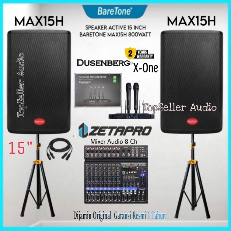 Paket sound System Speaker Aktif BareTone MAX15H Mixer Zetapro 8 Channel Mic wireless Dusenberg X On