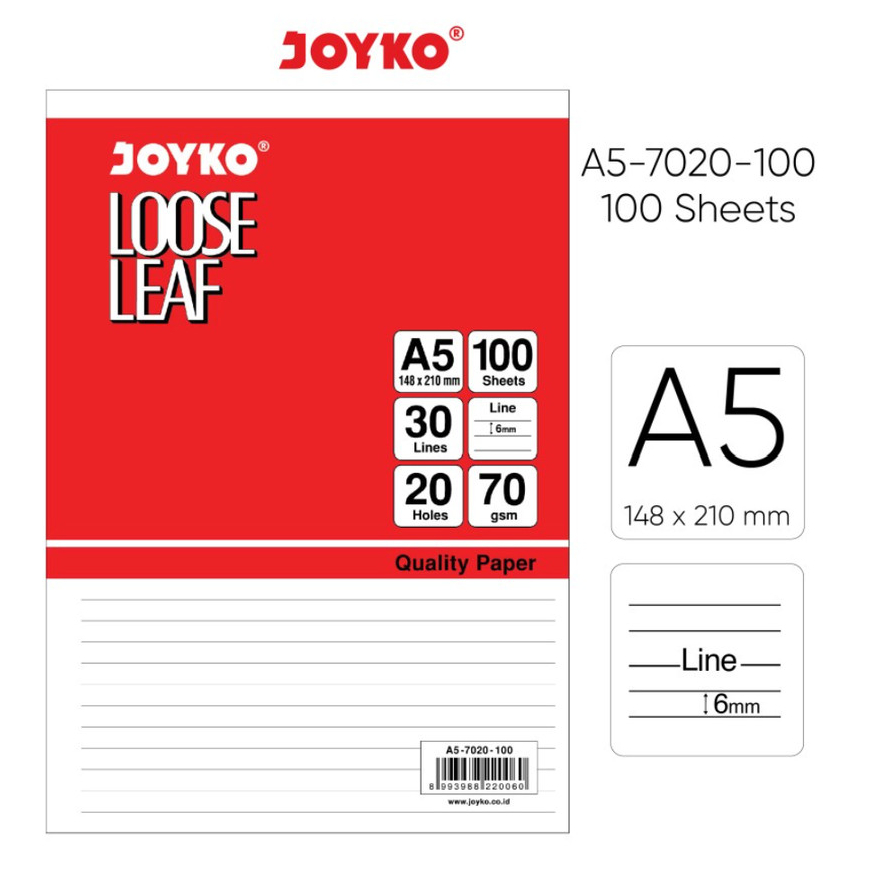 

LOOSE LEAF JOYKO PUTIH A5 100 A5-7020-100 / Isi Kertas File Binder Joyko Putih A5 100 A5-7020-100