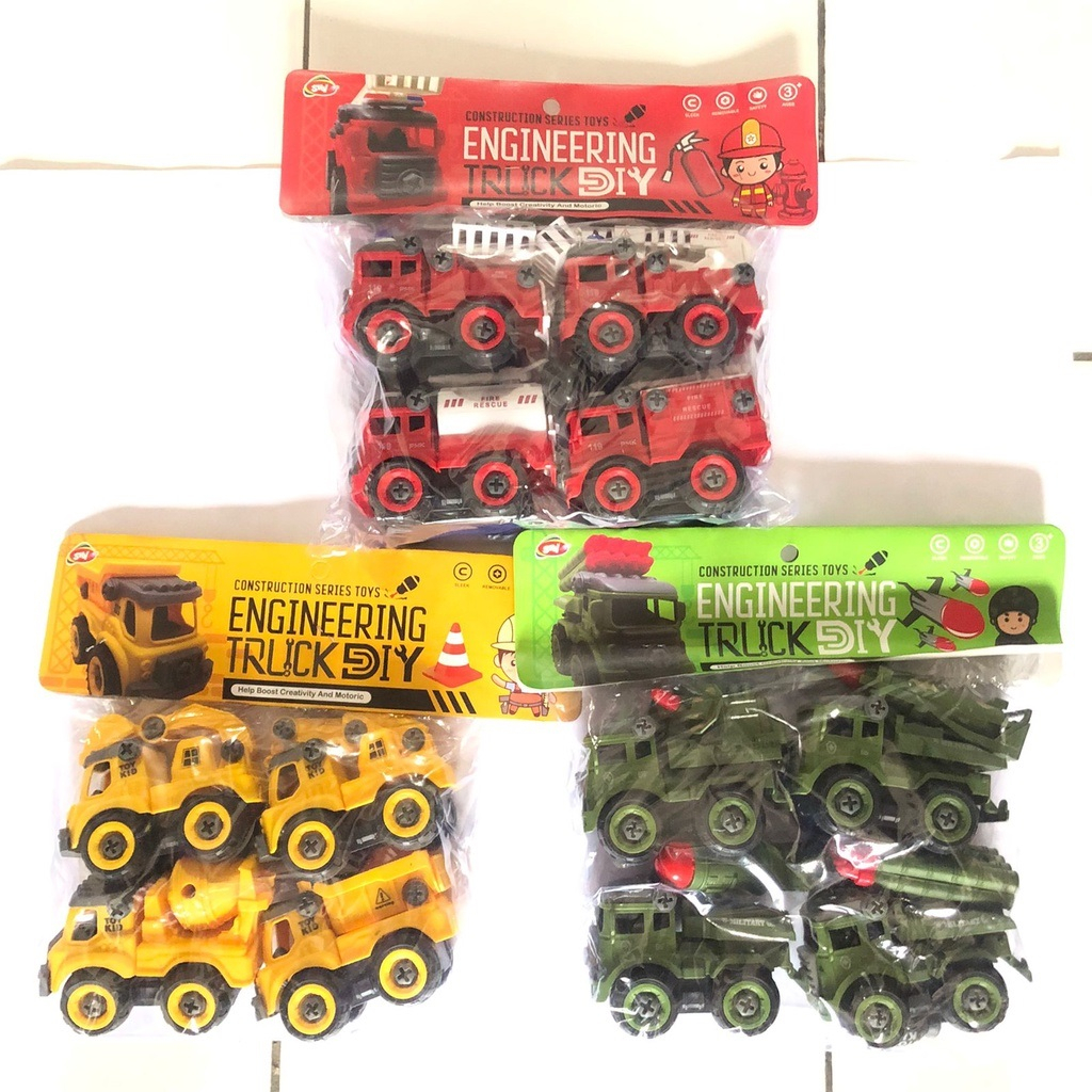 Mainan Mobil Truck DIY Bongkar pasang  isi 4 pcs  Pemadam kontruksi military DIY assemble