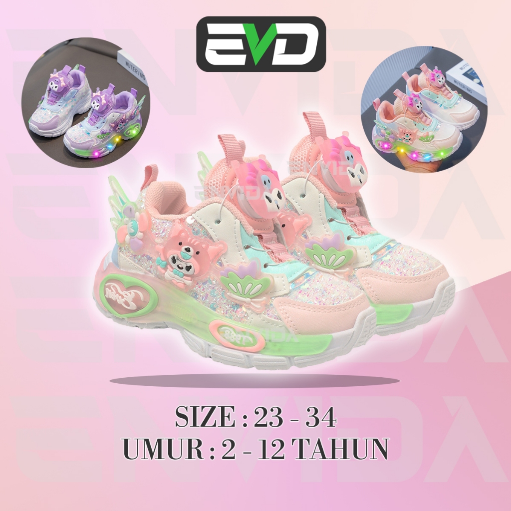 EVD - Sepatu Anak Perempuan Cewek Fashion Velcro Warna Pink dan Ungu Kuromi Lampu Nyala LED Kode EVO