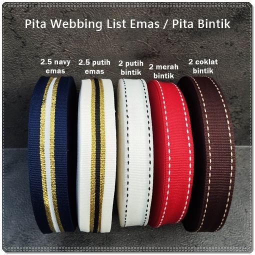 

GPITA-126 : Pita Bintik / Pita Polyester / Bisban Pita Webbing List Emas (per rol)