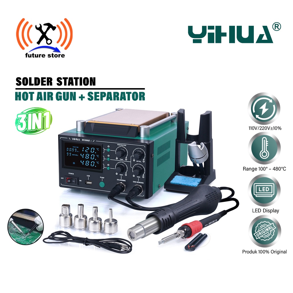 YIHUA 853AAA-I  BLOWER  SOLDER SEPARATION 110W GREEN CASE ORIGINAL - YIHUA 3IN1 BLOWER+SEPARATOR+SOL