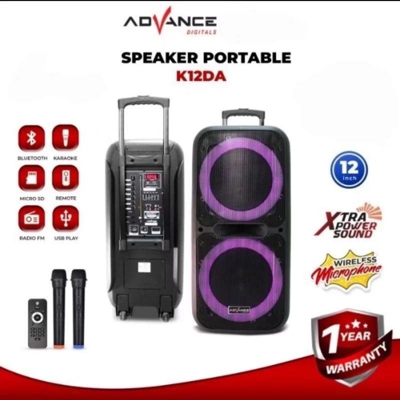 ADVANCE Speaker Bluetooth Portable 12 Inchi Free 2 Mic Wireless K12D-A Garansi Resmi