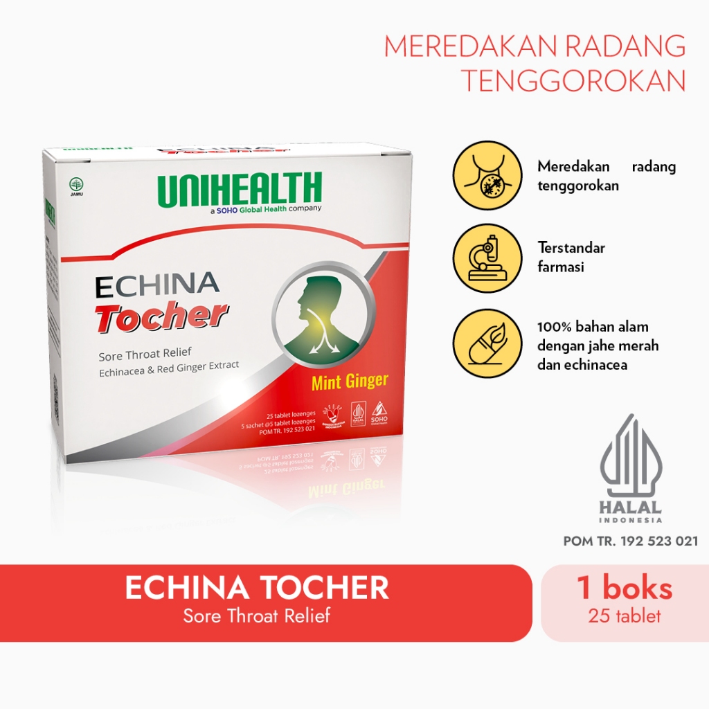 UNIHEALTH Obat Radang Tenggorokan Echina Tocher Ekstrak Jahe merah - 1 Box @25 Tablet Hisap