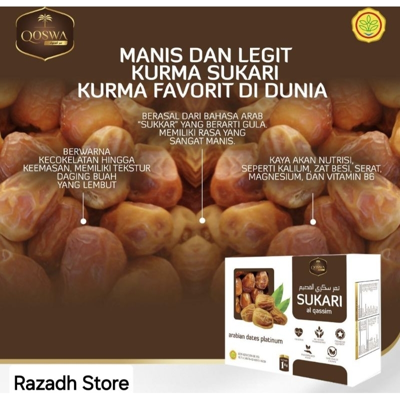 

KURMA SUKARI Merk Qoswa Arabian Dates Platinum 500 gram (Produksi Terbaru)