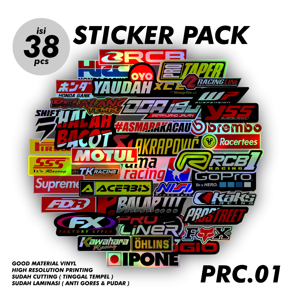 

38 pcs Sticker Pack Racing Distro Logo Brand Aesthetic Print Cut Sudah Terpotong pola Tinggal Tempel Laminasi Anti Pudar Anti Gores Bahan Vinyl Puith Hologram Pelangi AM.PRC01