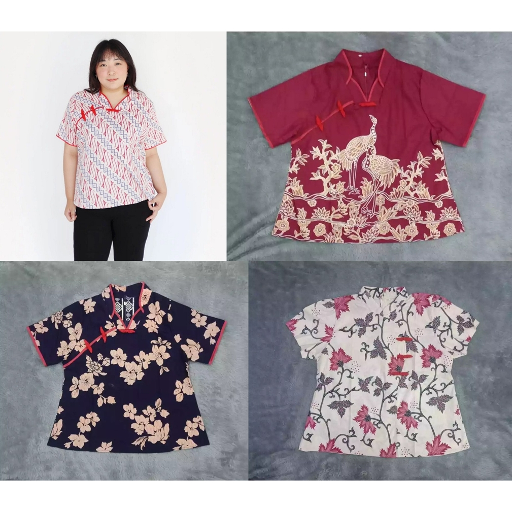 BAJU BLOUSE CHEONGSAM BATIK CREAM PUTIH PINK WANITA PREMIUM JUMBO BIG SIZE BAJU IMLEK XXL XXXL LD 12
