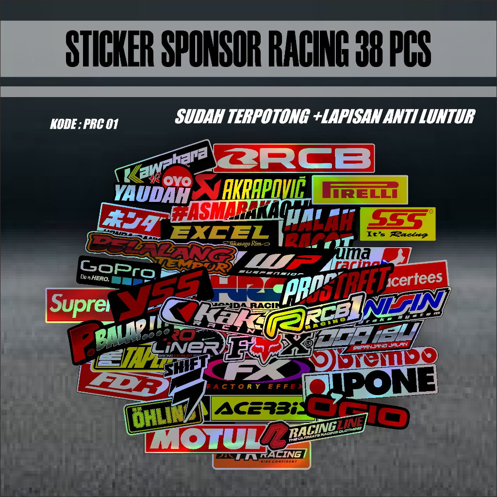 

Jupon Sticker 38 PCS Sticker Sponsor Racing Sudah Printcut Siap Tempel Bahan Hologram Vynil