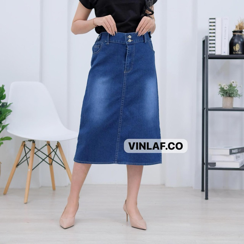 VINLAF - Rok Jeans 7/8 - Rok Jeans Wanita - Highwaist Rok Jeans Skirt - Rok 7/8 Wanita
