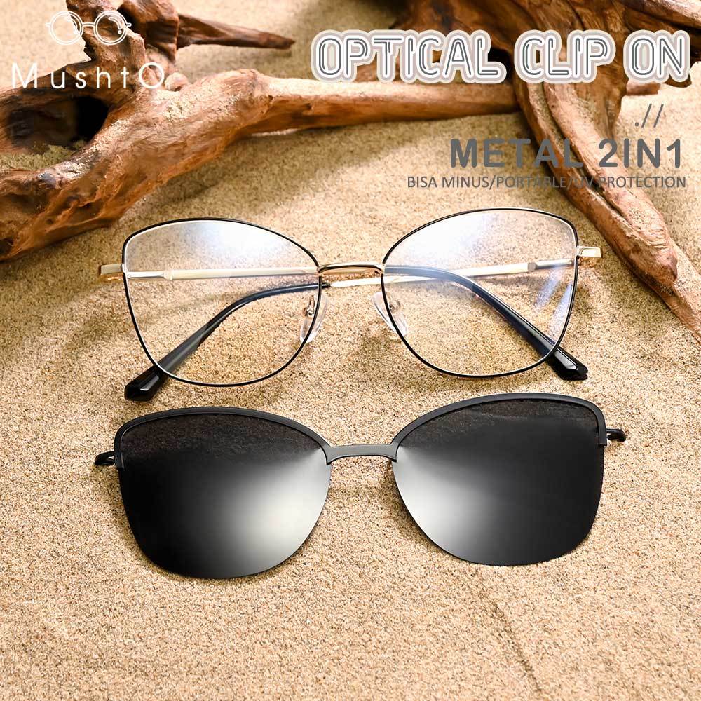 Mushto Kacamata 2in1 Lensa Clip On Polarized Lepas Pasang Style Cat Eye Wanita Kekinian Metal Frame 