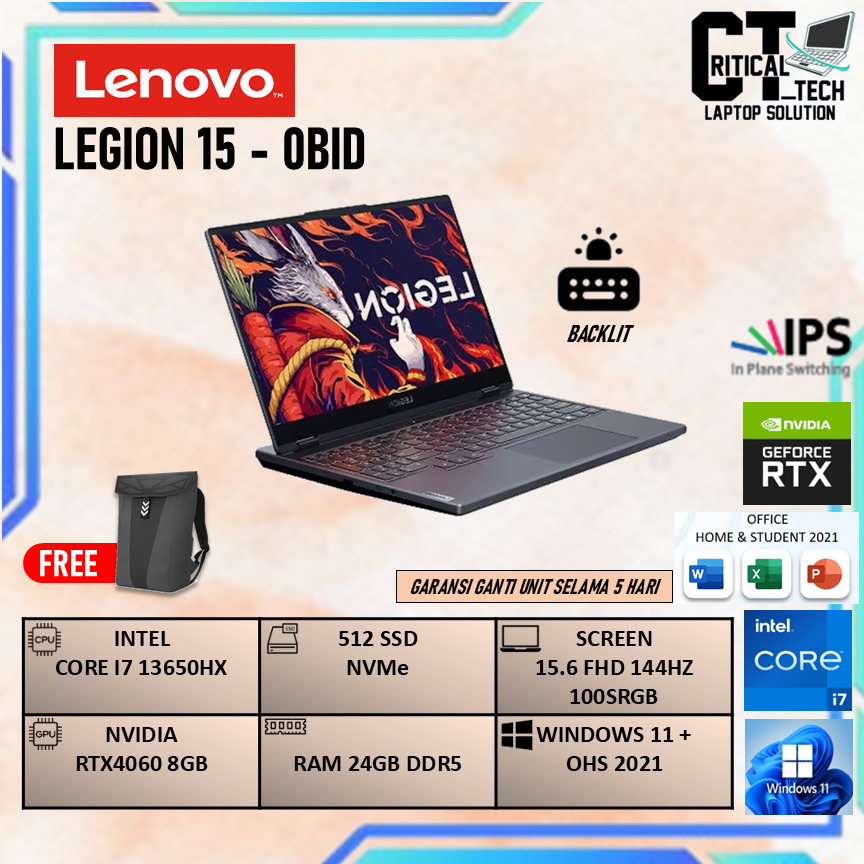 LENOVO LEGION 5 15 I7 13650HX RTX4060 8GB/ 24GB 512GB W11+OHS 15.6FHD 144HZ 100SRGB 3Y+3ADP GRY