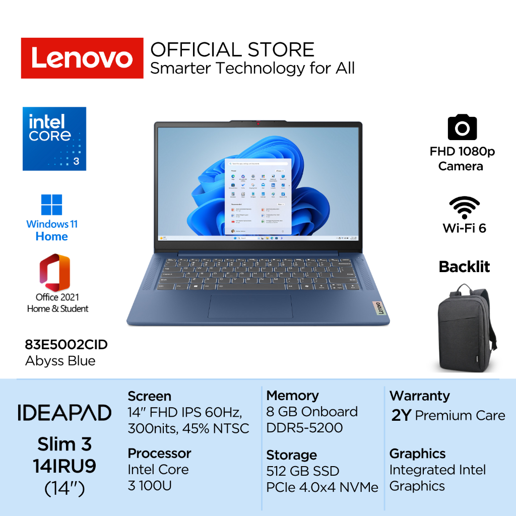 Lenovo IdeaPad Slim 3i 14IRU9 Intel Core 3 100U Win11 8GB Soldered 512GB SSD 14" FHD IPS 300nits 45%