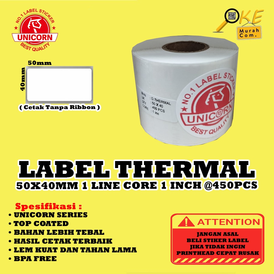 

Stiker Label Barcode Thermal 50x40mm / 50x40 mm / 50 x 40 mm 1 Line Core 1" & 1.5" Isi 450pcs