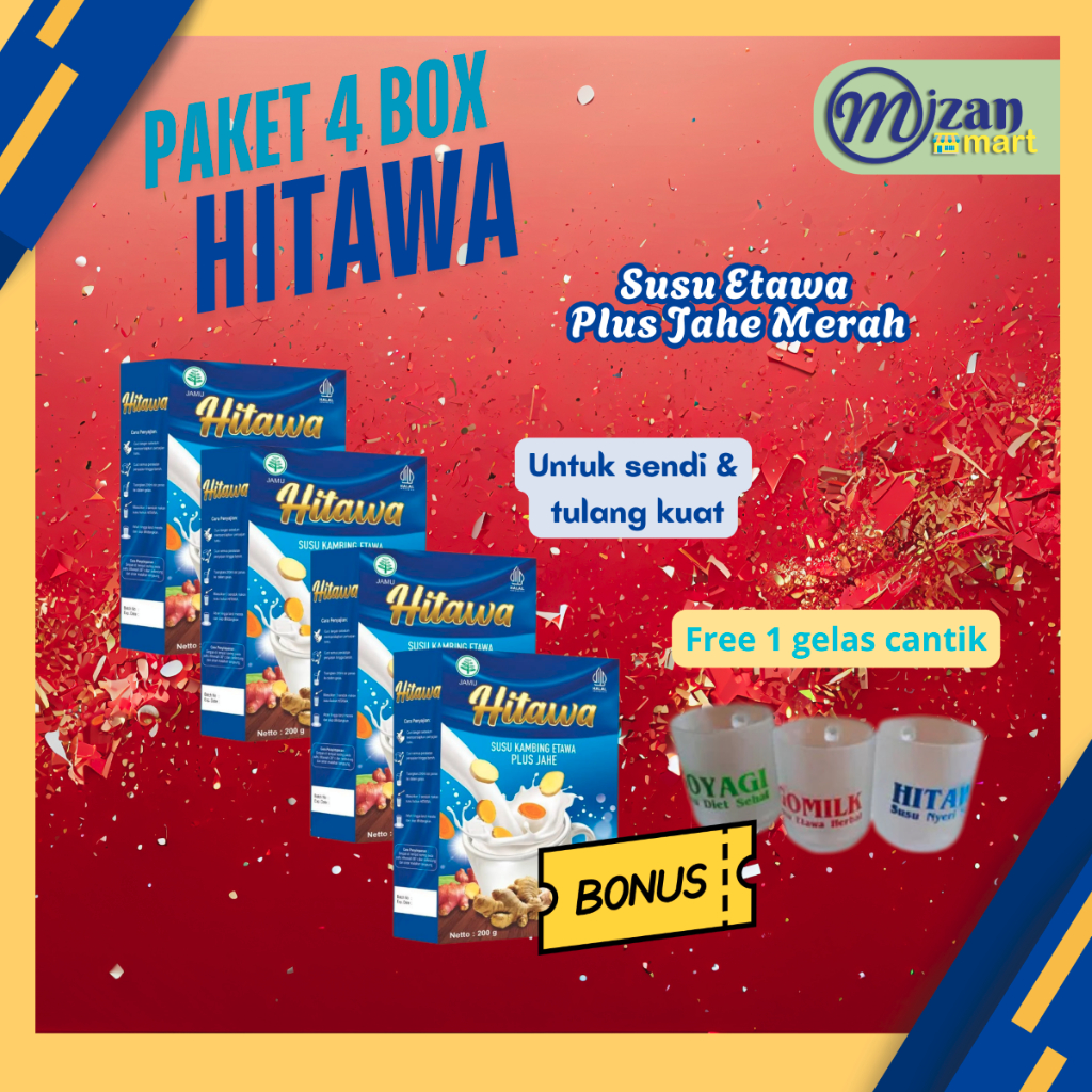 

Free Gelas Cantik !!! Paket 4 box HITAWA Gratis Gelas Cantik Susu Etawa Plus Jahe Merah Atasi Masalah Tulang & Sendi