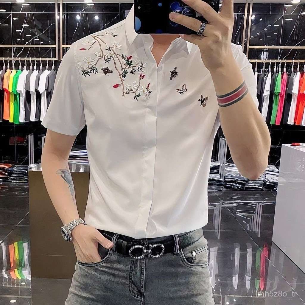Kemeja Lengan Pendek Bordir Cina Kemeja Kasual Trendy Pria