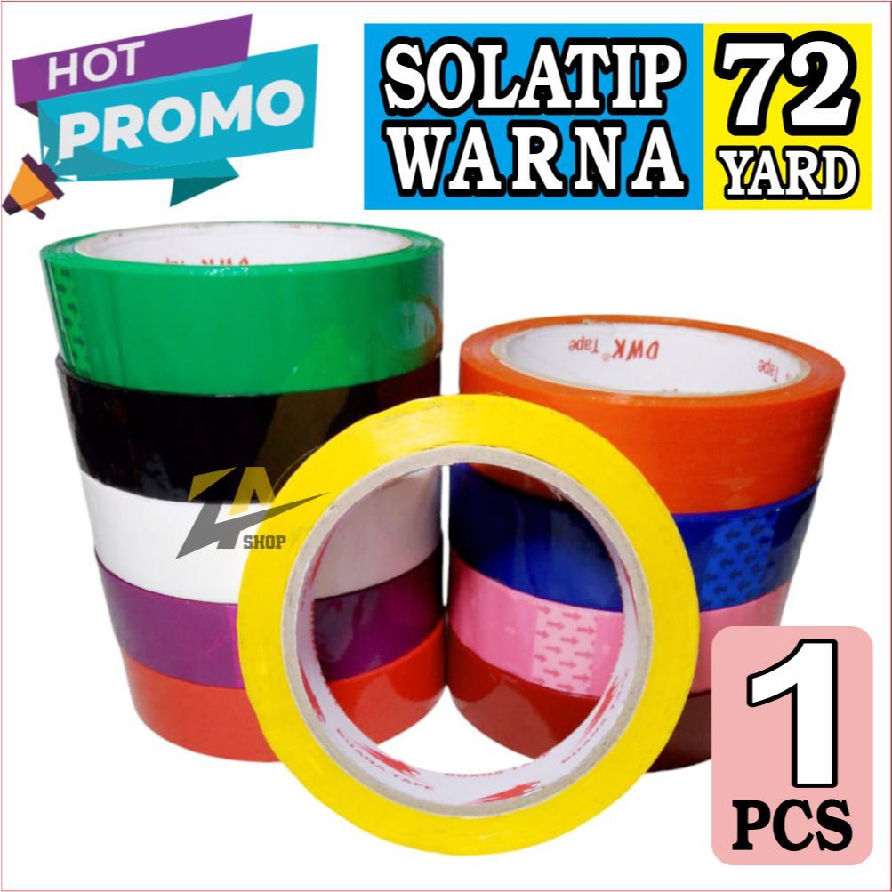

LAKBAN WARNA 24mm X 72 yard, SOLATIP WARNA HIJAU,HITAM,BIRU,PUTIH,PINK,MERAH,KUNING,Harga 1 pcs