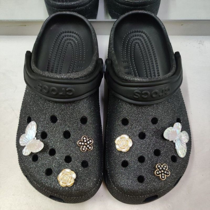 SANDAL CROCS CLASSIC CLOG GLITTER HITAM BLACK NO CUTTING MADE IN INDONESIA 38 39 M6/W8 ASLI ORIGINAL