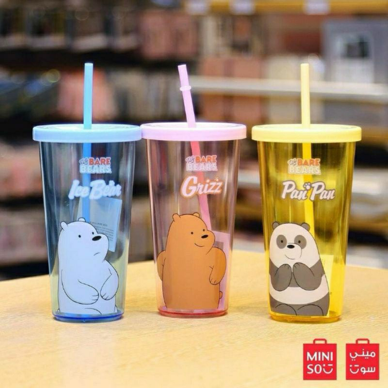 MINISO WE BARE BEARS WATER BOTTLE WITH STRAW 600ml BOTOL MINUM WBB