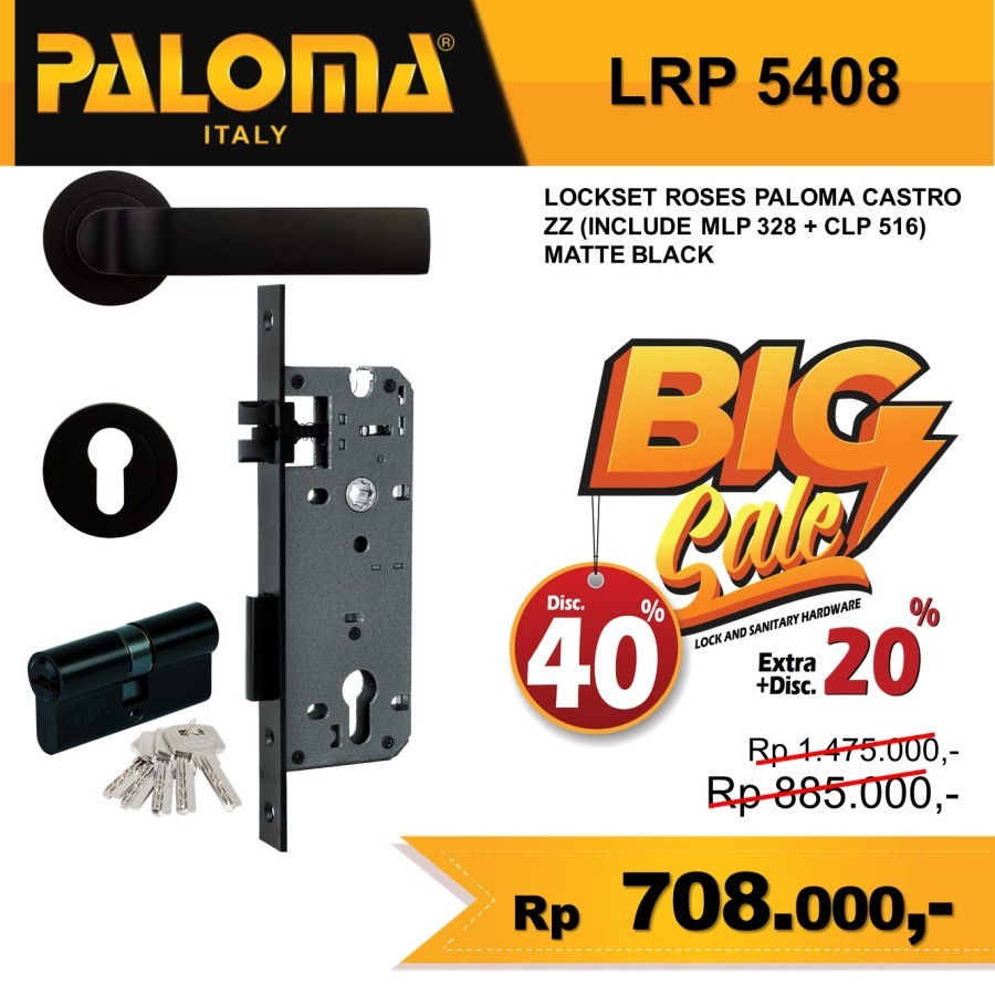 PALOMA Handle Pintu Set Kunci Komplit Solid Gagang Pintu Hitam LRP 5408