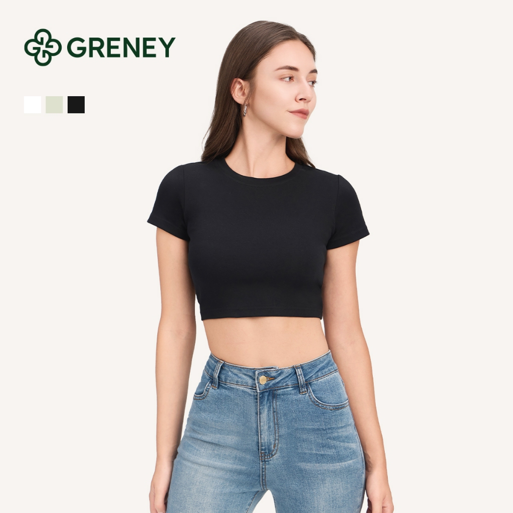 GRENEY-Baju Crop Top Wanita O neck Lengan Pendek Crop Top atasan katun berkualitas tinggi Warna soli