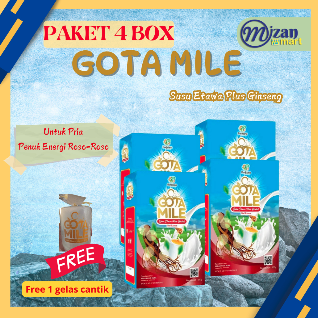 

Free Gelas Cantik !!! Paket 4 box GOTA MILE Gratis Gelas Susu Etawa Plus Ginseng untuk Stamina Pria