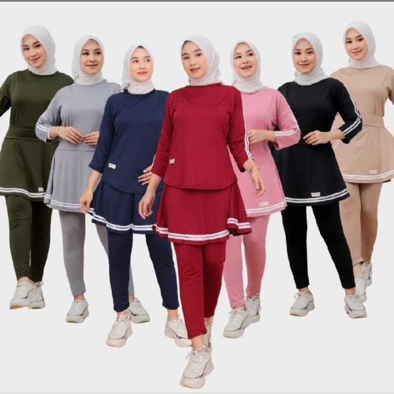 Setelan Baju Olahraga Wanita Muslim Terbaru Leging Rok Skirt Perempuan Sport Badminton