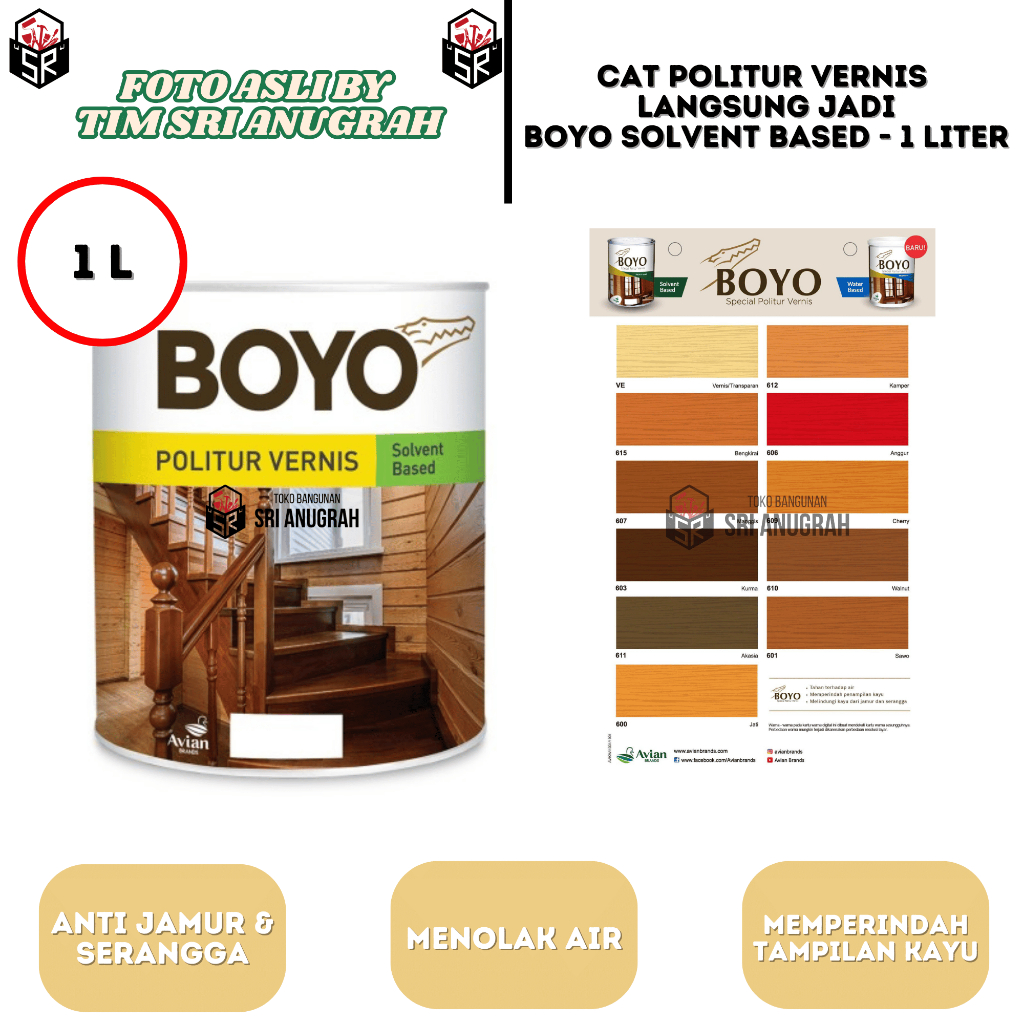 AVIAN Cat Pelapis Pewarna Kayu Anti Air Boyo Special Politur Vernis Solvent Base 1KG