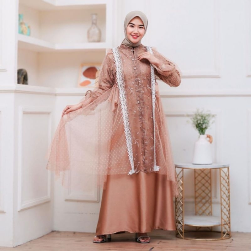 Oneset Dress Gamis Outer Brokat kombinasi Tulle Renda Mewah Elegan Iner Polos Size Standar Jumbo Bro