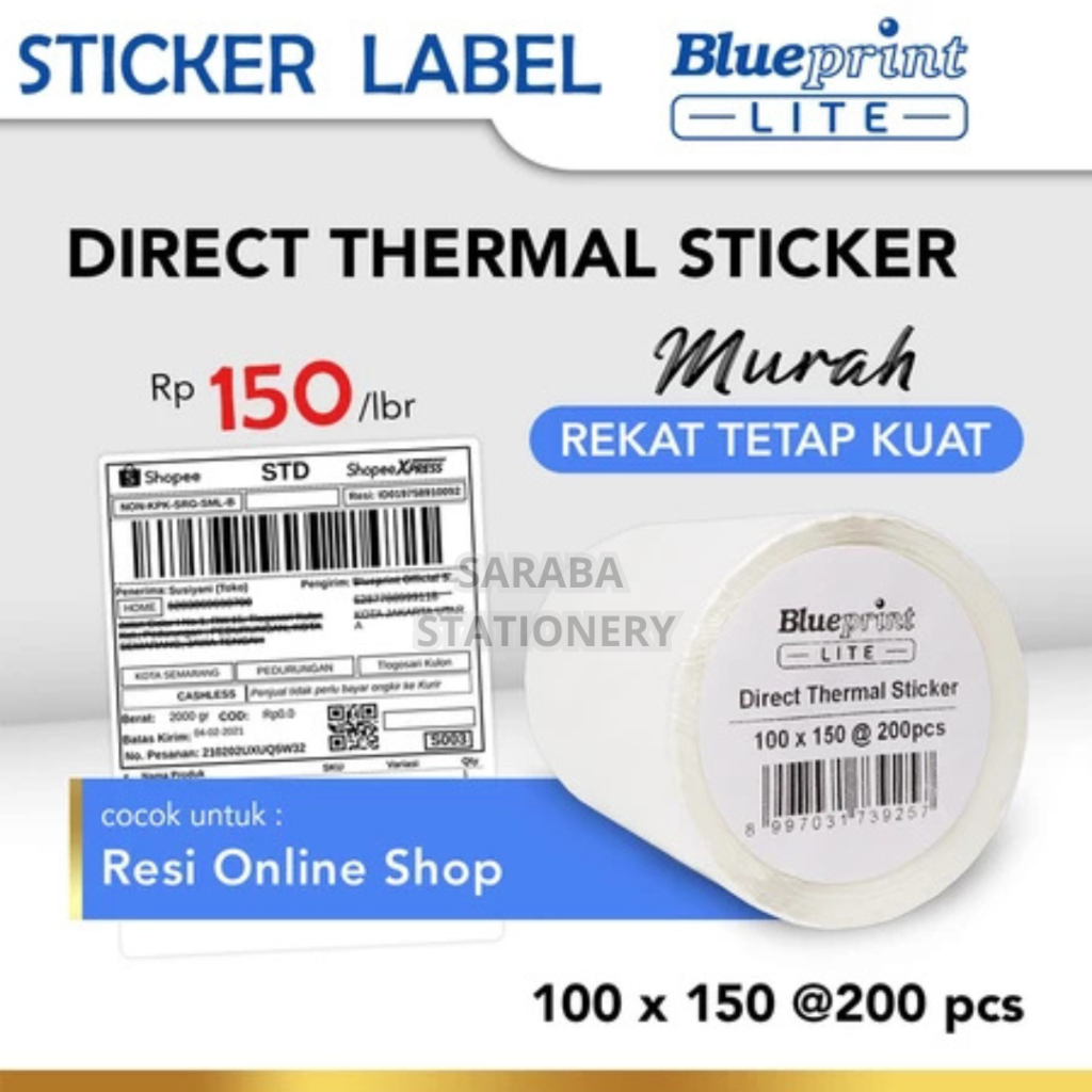 

KERTAS LABEL THERMAL LITE 100X150MM isi 200 DTS STIKER LABEL RESI ONLINE SHOP / EKSPEDISI STICKER DIRECT BARCODE 100
