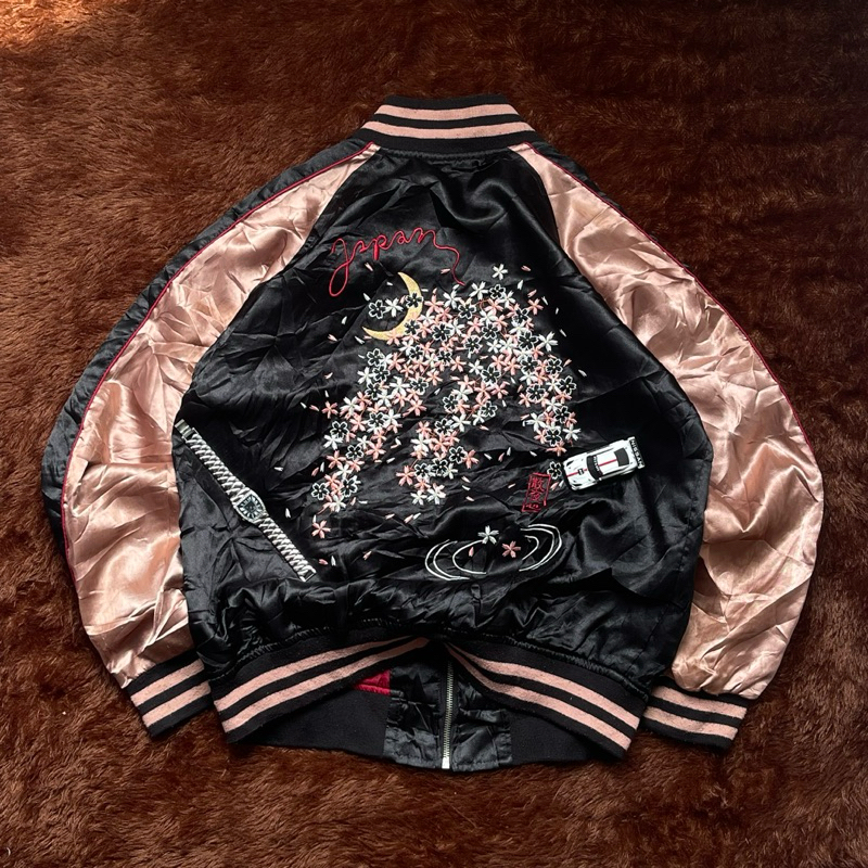 Vintage Japanese Traditional Style Eimbordery Satin Sukajan Bomber Jacket