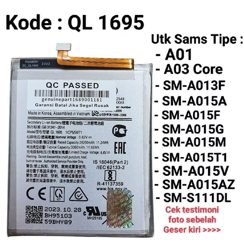 Samsung galaxy A01 A01 Core A3 Core QL-1695 baterai batterry Samsung A01 A01 Core A3 Core SM-A013F