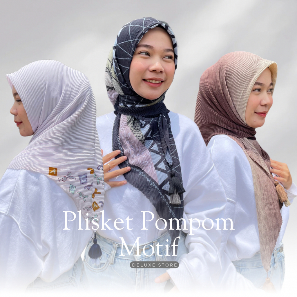 Jilbab Tassel Plisket Pompom Segi empat Motif Printing Kerudung Plisket Premium Square Harga Murah G