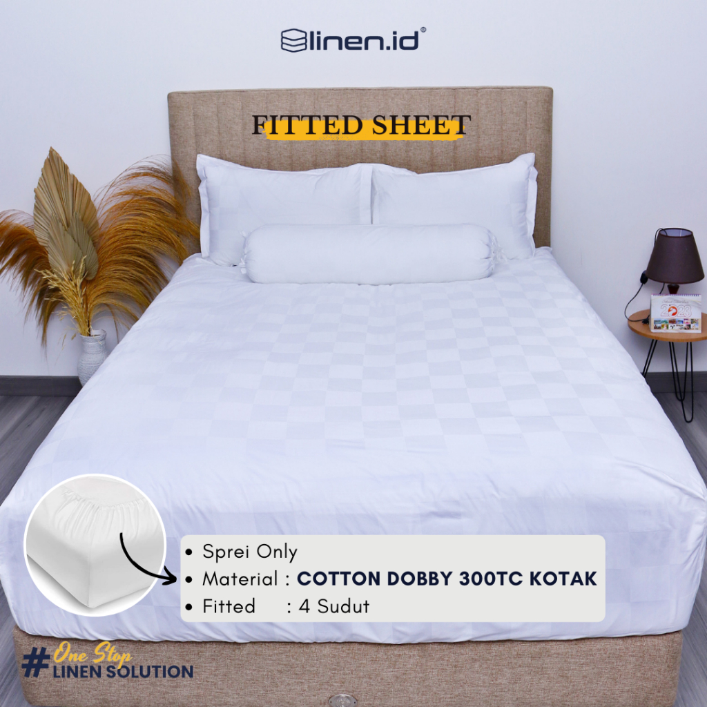 [Sprei only] Fitted Sheet Putih Dobby Kotak 9cm 300TC Dengan Karet