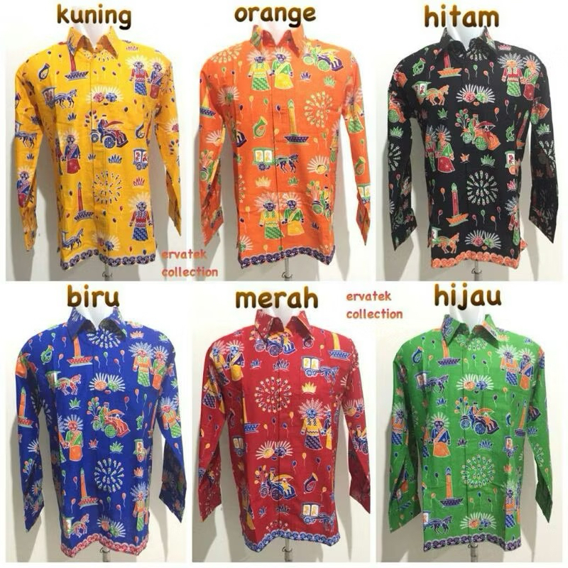 Kemeja Ondel Ondel Anak Lengan Panjang Motif Ondel Betawi Seragam Sekolah Batik.