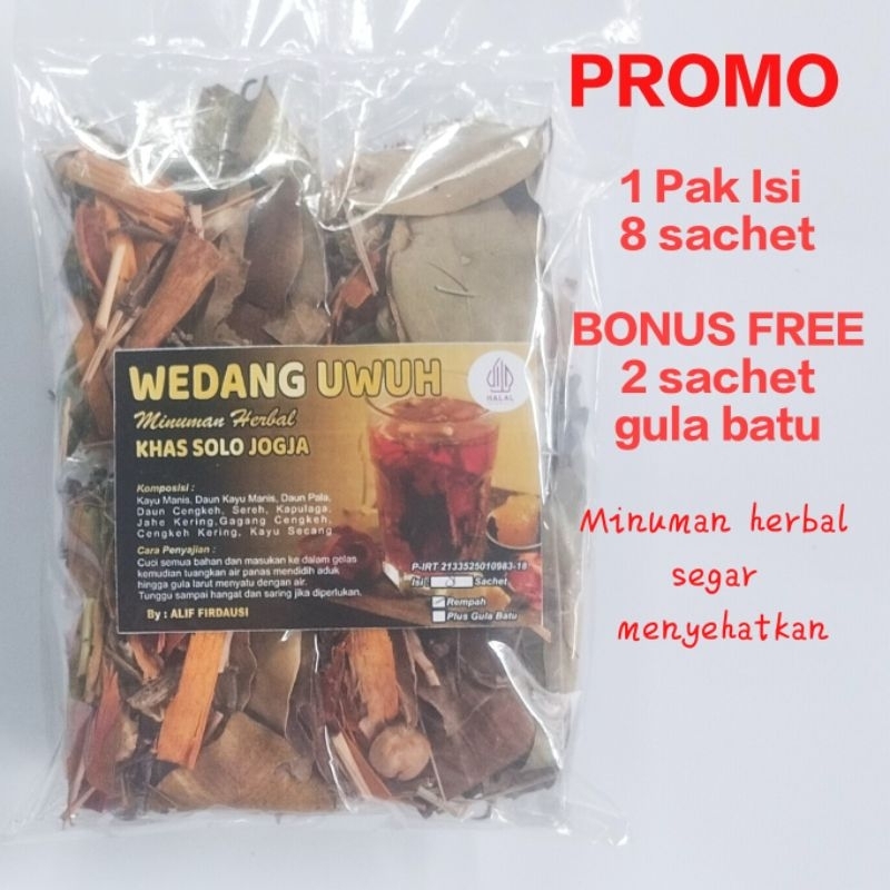 

Promo Wedang Uwuh 1 Pak isi 8 sachet bonus gratis 2 sachet gula batu rempah secang cengkeh sereh jahe kayu manis kapulogo