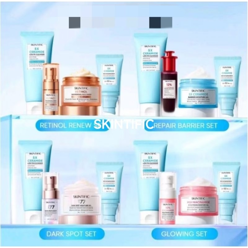 Super 】SKINTIFIC Paket 4pcsset Moisturizer + Serum + Cleanser + sunscreenBundle: glowing set / acne 