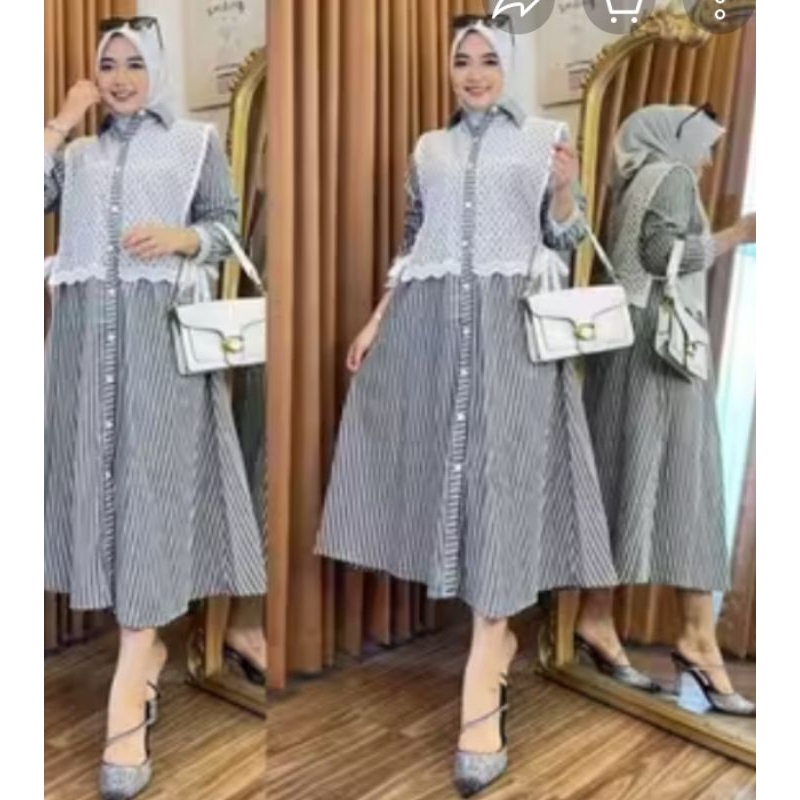 Midi Salur Mix Brukat Jumbo XL//Dress Wanita Lengan Panjang//Midi Dress Korean Style