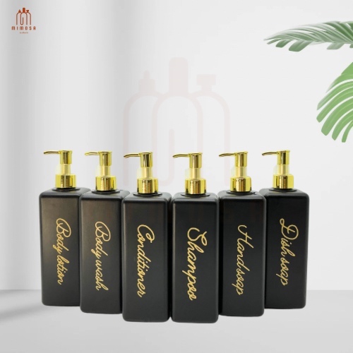 Botol Refill Sabun Cair 500 ML Kotak Hitam Doff Gold / Botol Pump Kotak / Botol Sabun Aesthetic