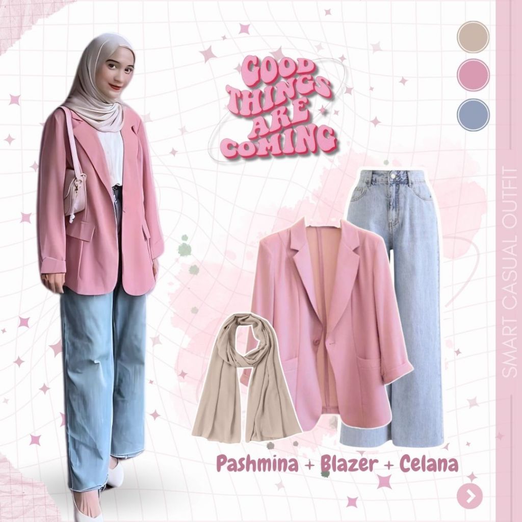 One Set Wanita Kekinian | Blazer Wanita Spandek - Celana Jeans - Pashmina Ceruty | OOTD Hijab - LW08