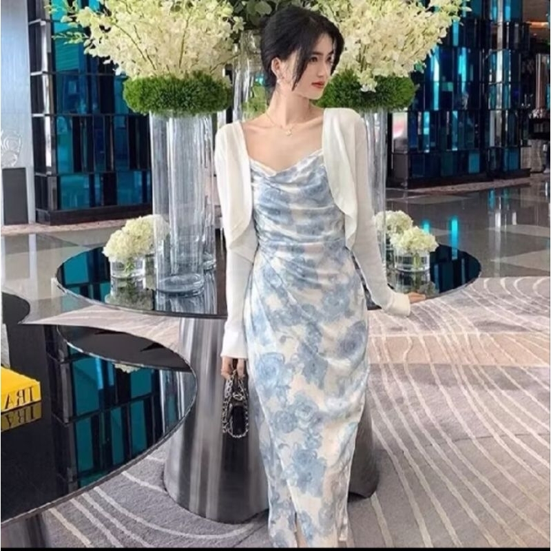 Emita Bloom Blue Floral Dress Biru Muda Summer Elegant Long Dress Pantai Wanita Korea