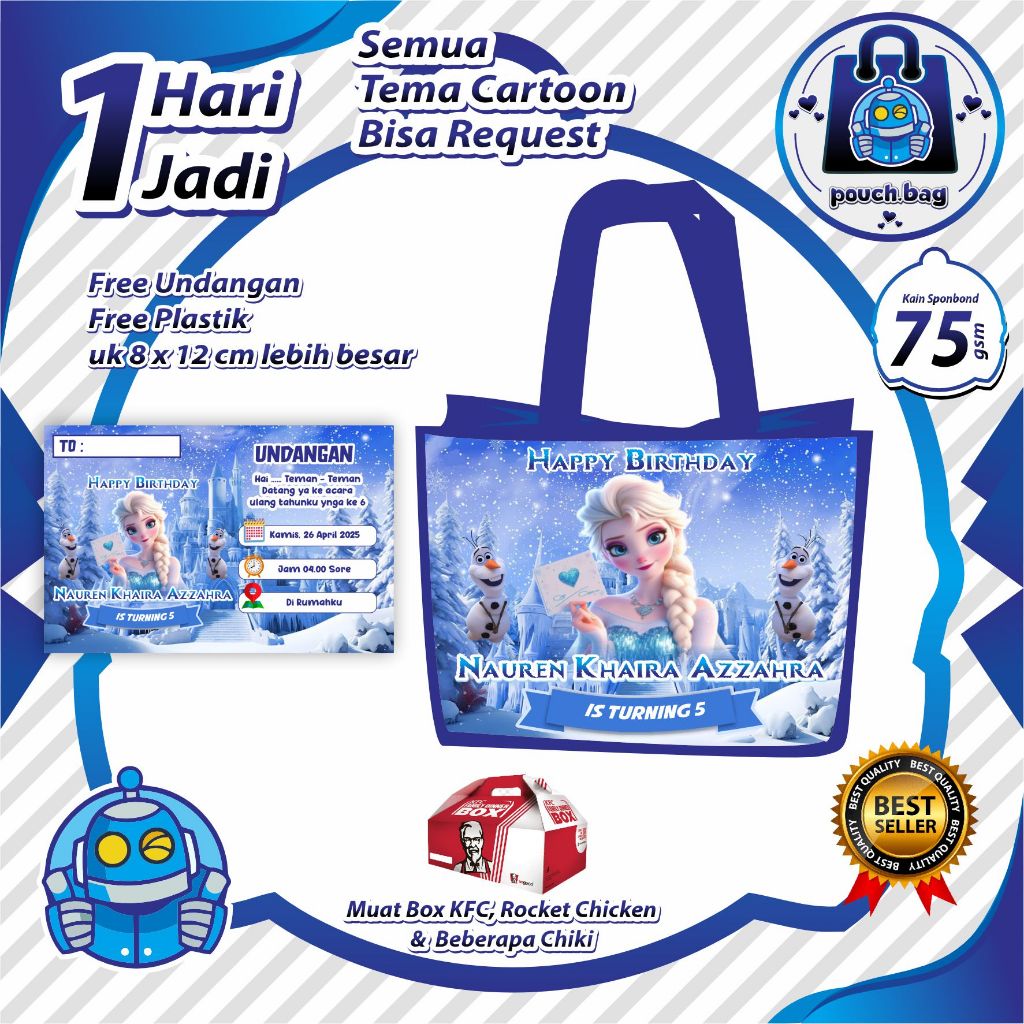 

PAKET 45 PCS Tas Ulang Tahun Anak Custom Pakai Nama Foto Nasi Kfc Bungkus Snack, Sudah Free Undngan Ultah ( Godie Bag Ultah Custom )