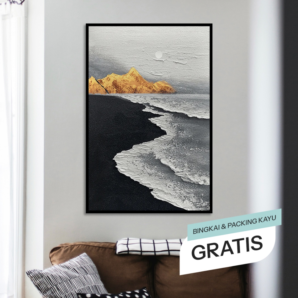 Lukisan Dinding Kanvas 3D Abstrak Pemandangan Gunung Pantai Orange Black & White Aesthetic