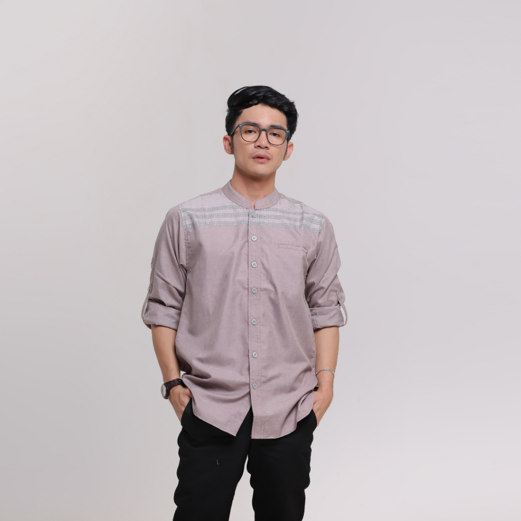 iNeat Kemeja Koko Lavender Grey Motif - Muslim Pria Lengan Panjang Baju Koko Muslim Lebaran