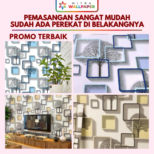 PROMO TERBAIK - Wallpaper Dinding Ruang Tamu Motif Kotak Pohon Ungu Wallpaper Dinding Kamar