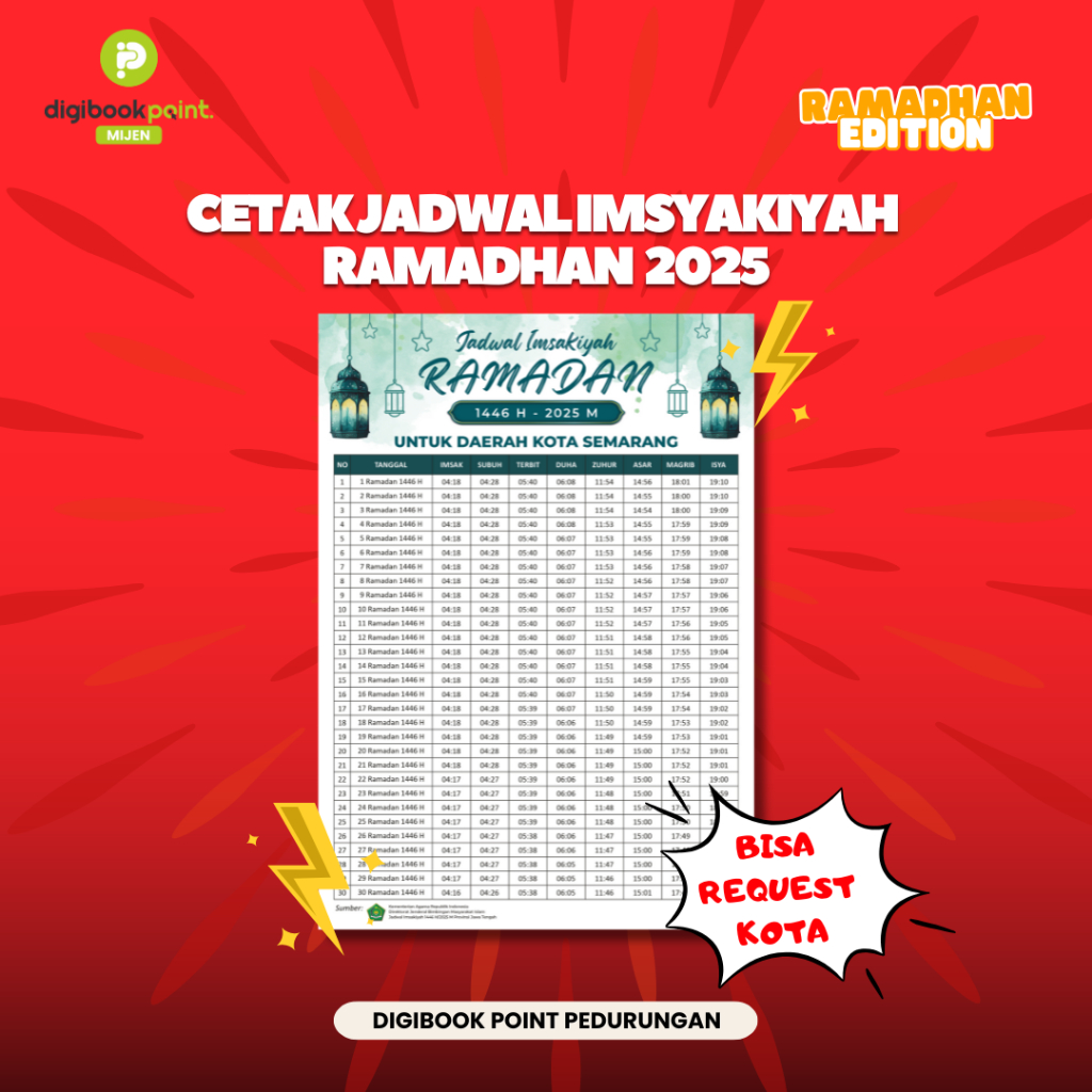 

CETAK JADWAL IMSAKIYAH BULAN RAMADHAN 2025 - Bisa Request Sesuai Kota Cetak Sehari Jadi