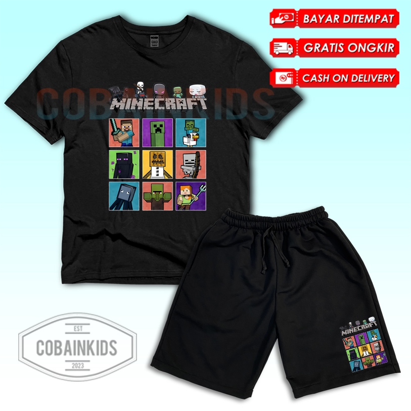(BISA COD) Setelan Anak Kaos Celana Pendek Anak Minecraft Pocket Edition  All Character Free Nama / 