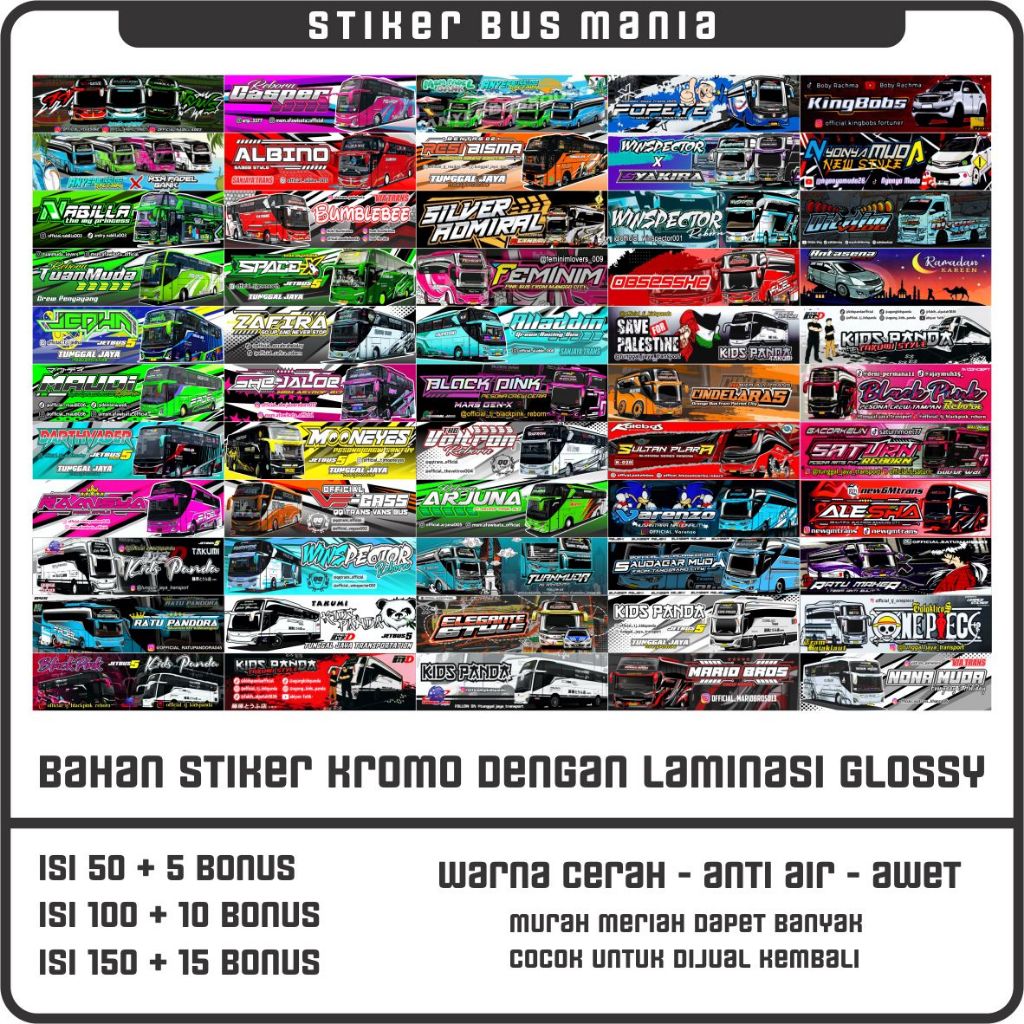 

stiker bus mania isi 150 murah desain paling lengkap julukan bus terpopuler | anti air warna cerah awet cocok untuk dijual kembali