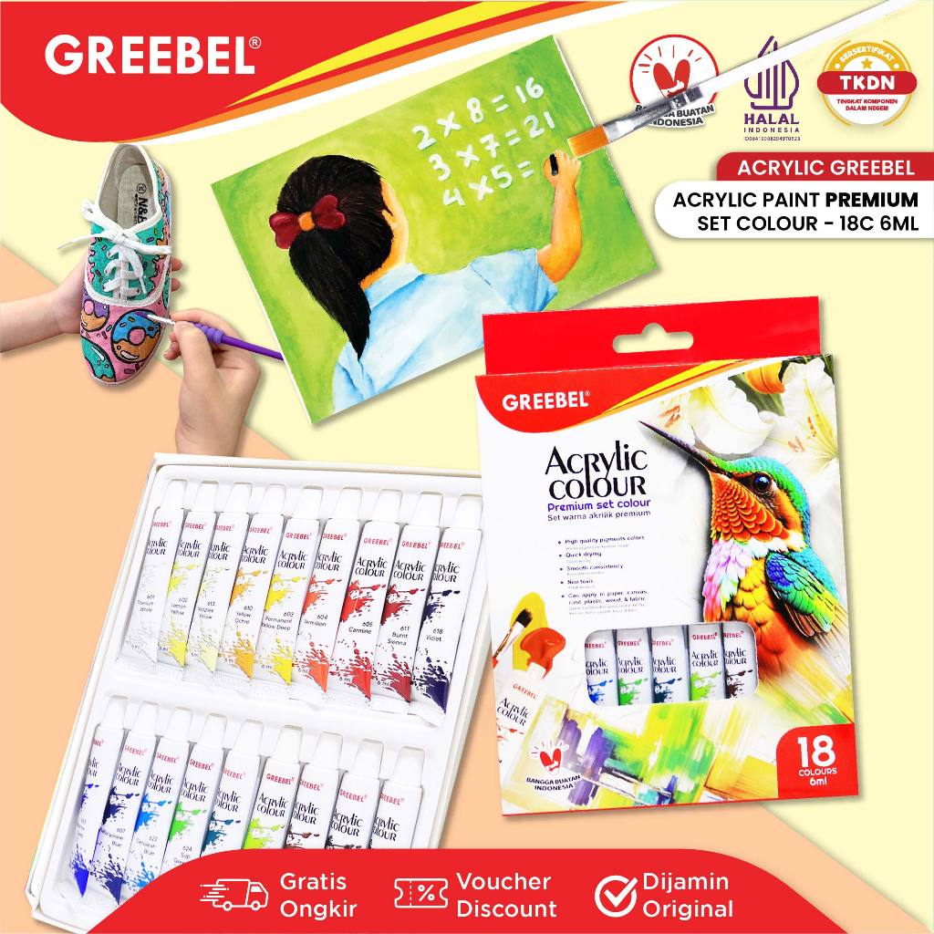 

GREEBEL Cat Lukis Akrilik / Cat Acrylic Colour Kanvas 10 Ml / Acrylic Paint 18X6 Ml